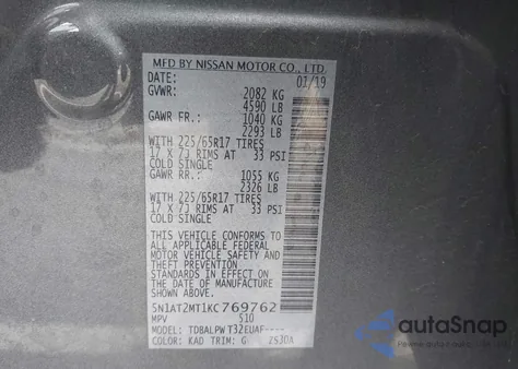 2019 Nissan Rogue S z USA, uszkodzony, nr VIN 5N1AT2MT1KC769762